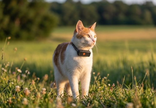 Chat dans un pré avec le traceur GPS Weenect XS accroché à son collier (photo de la marque)