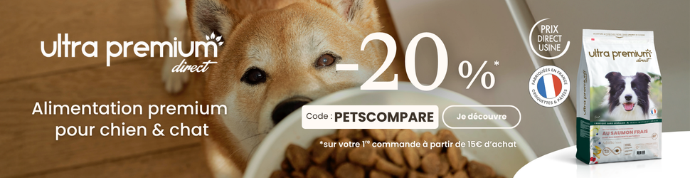 Ultra Premium Direct — Alimentation premium pour chien et chat · Code PETSCOMPARE -20%